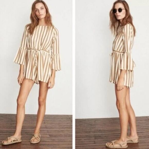 Faithfull The Brown Thompson Striped Tan Romper Playsuit 4 S - Picture 4 of 9
